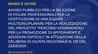 AVVISO PUBBLICO PER LA SELEZIONE DI FIGURE PROFESSIONALI PER LA COSTITUZIONE DI UNA EQUIPE MULTIDISCIPLINARE PER LA REALIZZAZIONE DEL PROGETTO “PERCORSI SPERIMENTALI PER LA PROMOZIONE DI AFFIDAMENTI E ADOZIONI DIFFICILI” IN ATTUAZIONE DELLA DELIBERA DI GIUNTA REGIONALE N. 125 DEL 23/03/2021 .