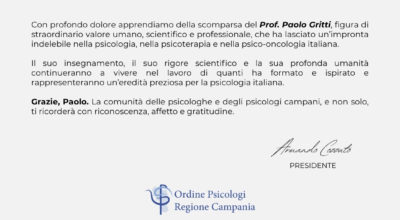 Il cordoglio dell’Ordine degli Psicologi della Regione Campania per la scomparsa del Prof. Paolo Gritti