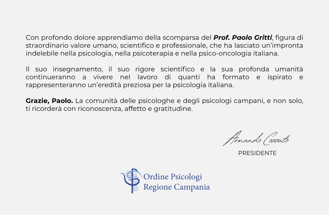 Il cordoglio dell’Ordine degli Psicologi della Regione Campania per la scomparsa del Prof. Paolo Gritti